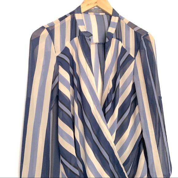 Striped Wrap Long Sleeve Blouse Top Cuffed Mandarin Collar in Blue, Beige (S-M) - Picture 3 of 5
